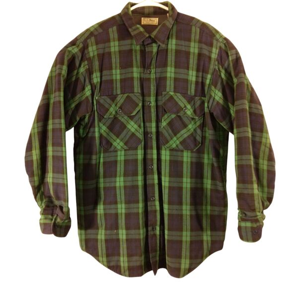 L.L. Bean Vintage flannel shirt mens LT L Large TALL made USA plaid thinsulate